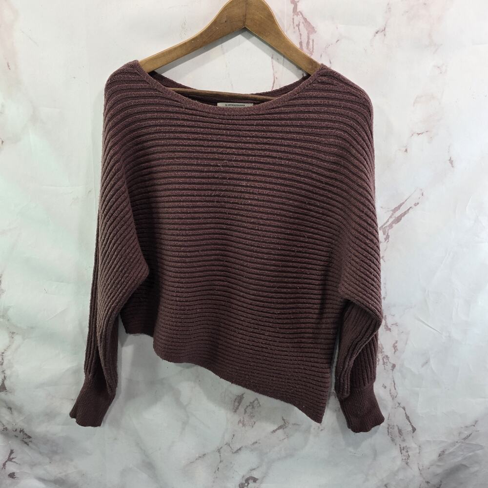 By Anthropologie Sweater Womens XS Mauve Burgundy Asymmetric Ribbed Boat Neck